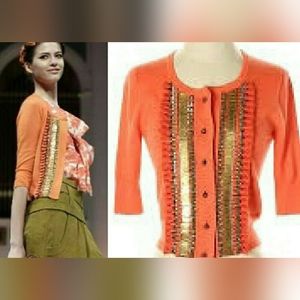 ◇$1,800 OSCAR DE LA RENTA CASHMERE SILK STUNNING ORANGE RUNWAY KNIT CARDIGAN XS
